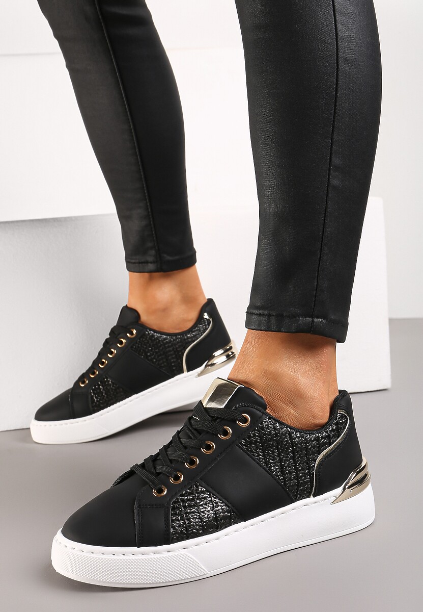 Czarne Sznurowane Sneakersy z Ekoskóry z Plecionką i Metaliczną Wstawką Josephina