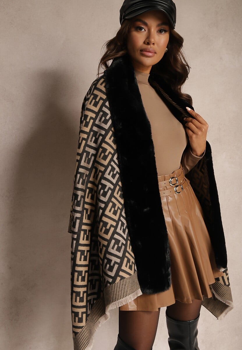 Czarne Ponczo z Wiskozy w Geometryczny Wzór z Futerkiem Miavira