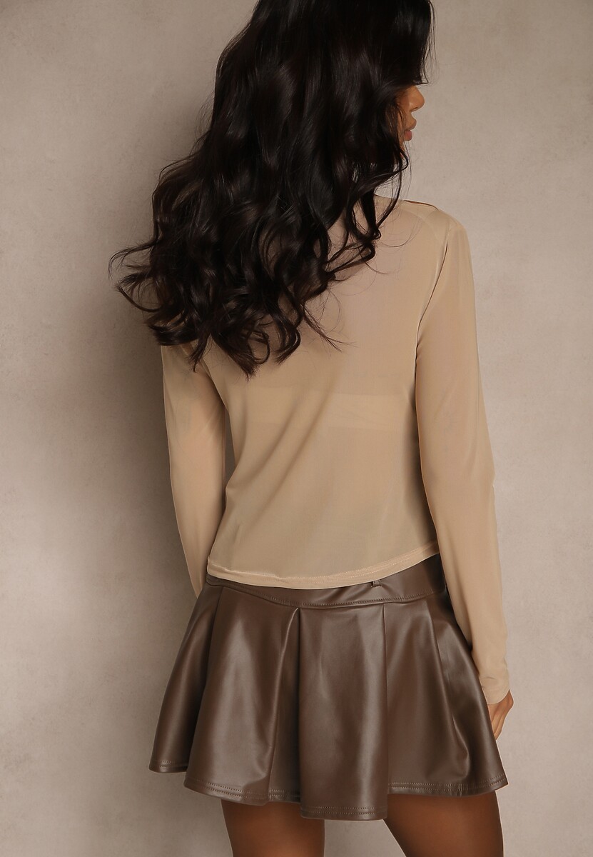 Beżowa Marszczona Bluzka z Siateczki Zdobiona Aplikacją w Kształcie Róży Olirisa