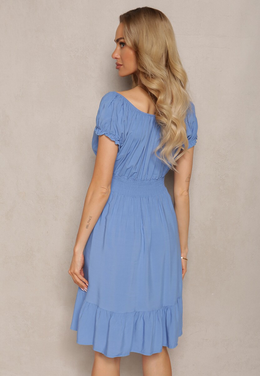 Niebieska Sukienka z Wiskozy z Gumkami w Talii i Dekoltem ze Ściągaczem Tiimazela