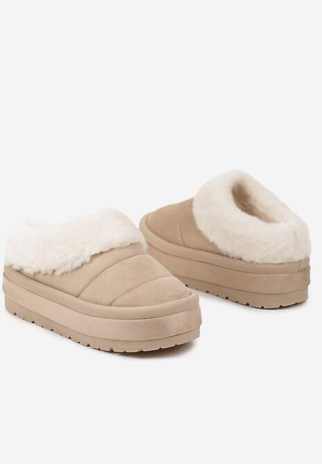 Beżowe Wsuwane Śniegowce na Platformie Ozdobione Futerkiem Sinthiana