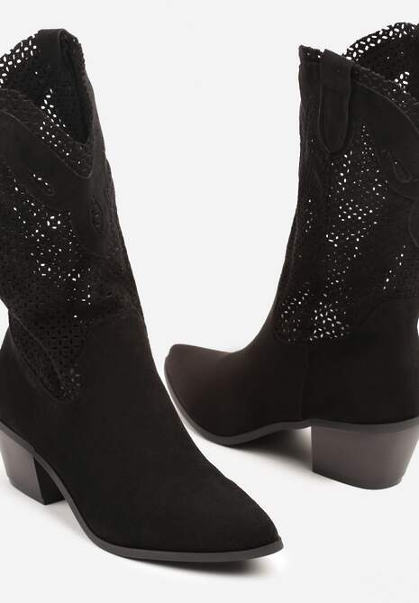 Czarne Botki Kowbojki na Słupku z Ażurową Cholewką Felmira