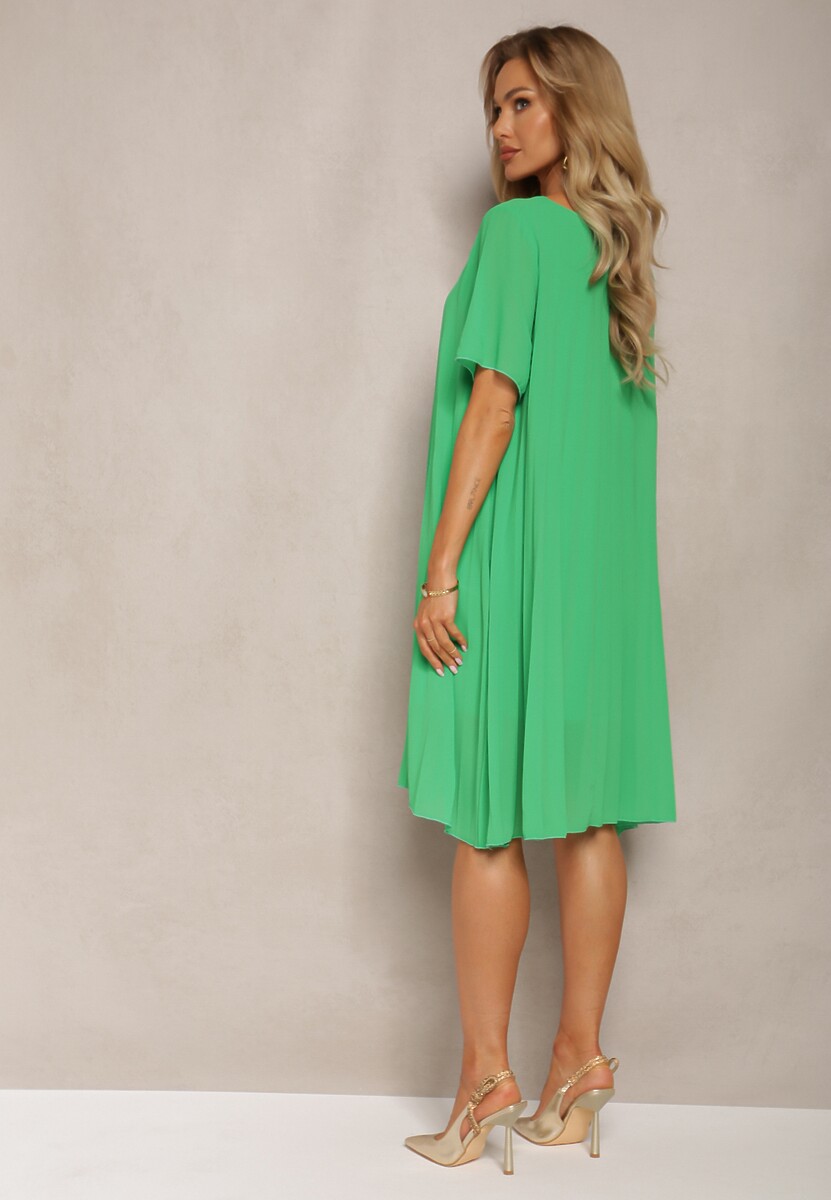 Zielona Plisowana Sukienka o Rozkloszowanym Kroju Orxiala