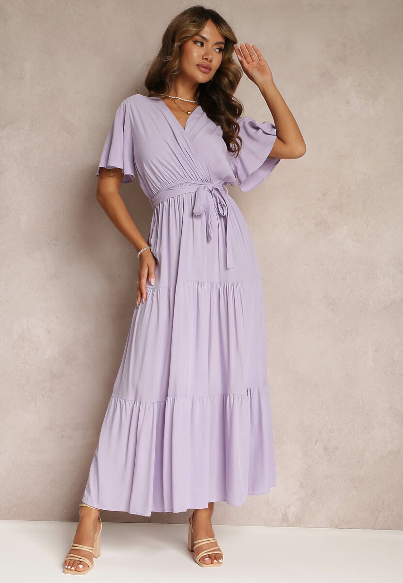 Fioletowa Rozkloszowana Sukienka z Falbanką i Wiązanym Paskiem Adotine