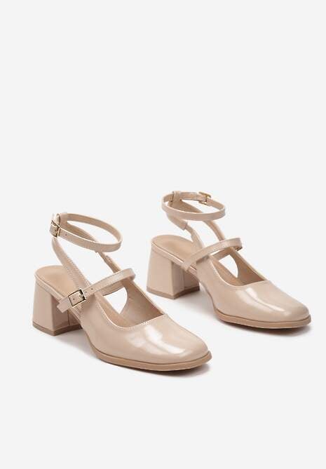 Ciemnobeżowe Czółenka z Odkrytą Piętą na Słupku Zapinane wokół Kostki Wistia