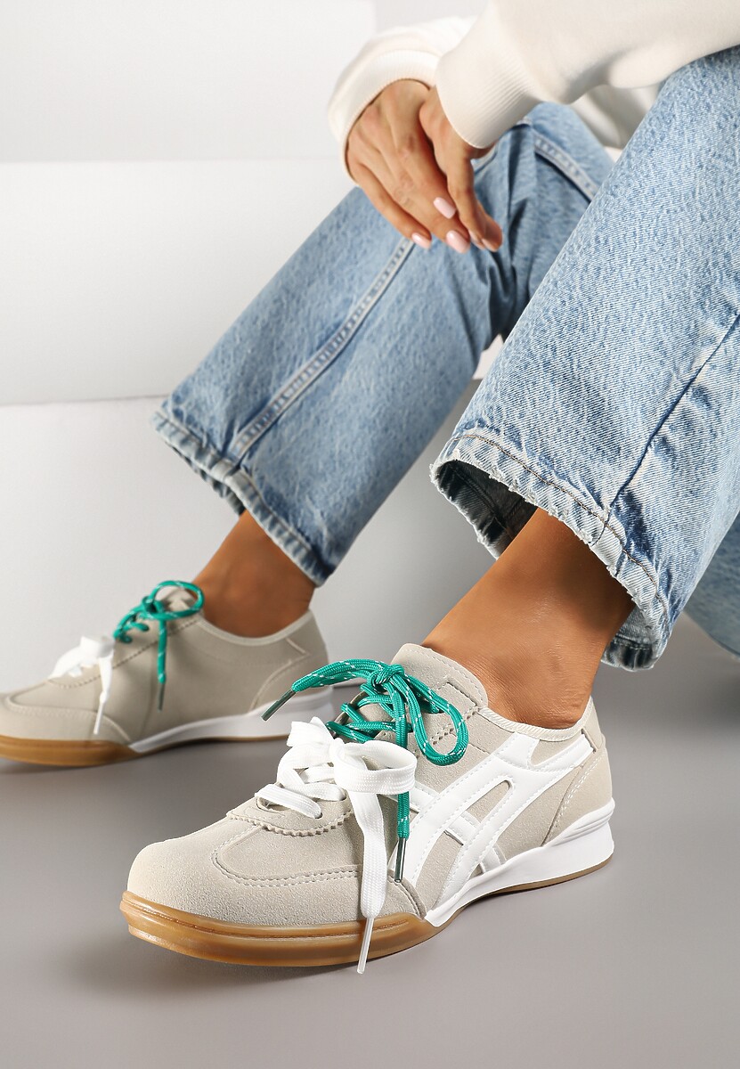 Beżowe Sneakersy Ozdobione Geometrycznym Wzorem i Podwójnym Sznurowaniem Hirozi