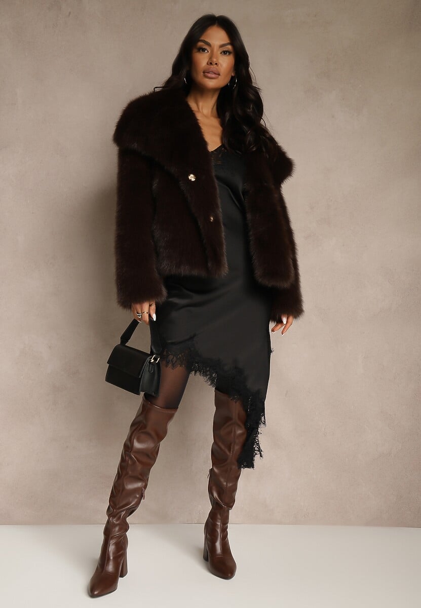 Czarna Satynowa Sukienka Asymetryczna z Koronką Monoria