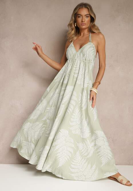 Zielona Rozkloszowana Sukienka z Wiskozy Wiązana z Tyłu Izira