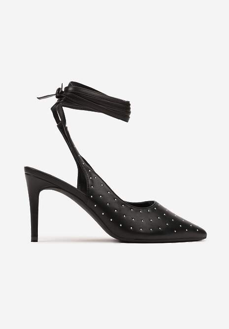 Czarne Sandały na Szpilce z Wiązanymi Rzemykami i Cyrkoniami Jenglla