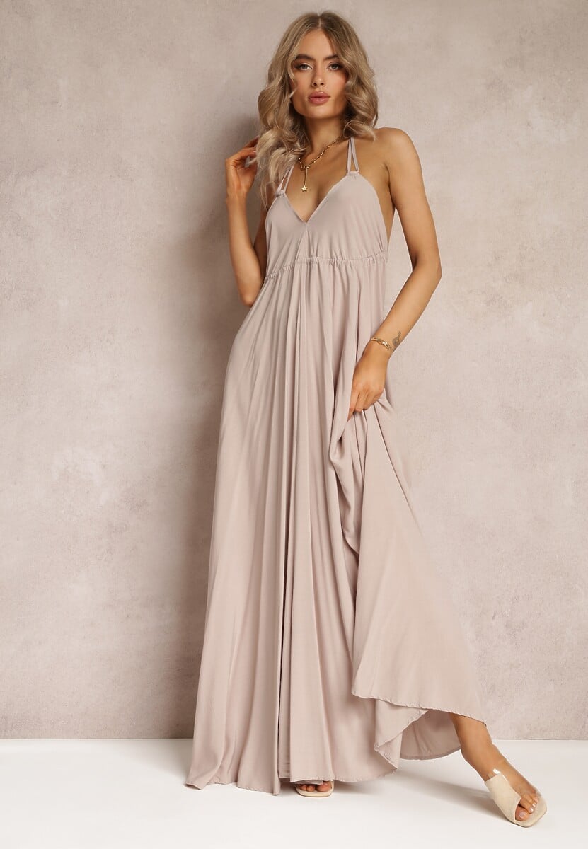 Ciemnobeżowa Rozkloszowana Sukienka Bawełniana z Wiązaniem na Szyi Panethea