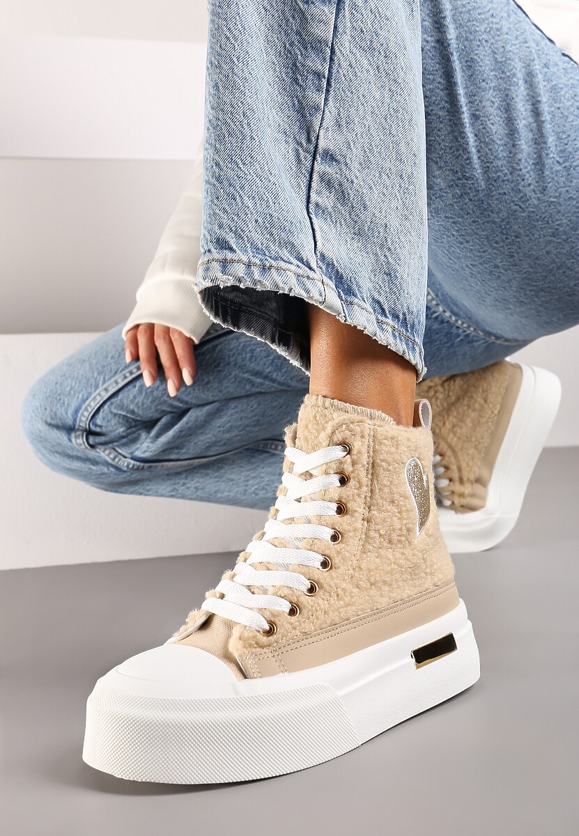 Ciemnobeżowe Brokatowe Trampki na Platformie z Cholewką za Kostkę Nevirosa