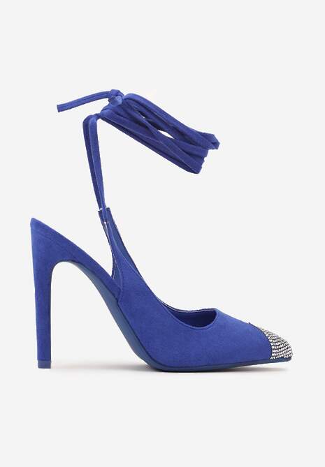Niebieskie Sandały z Noskiem Ozdobionym Cyrkoniami i Wiązaniem wokół Łydki na Szpilce Hlienoma