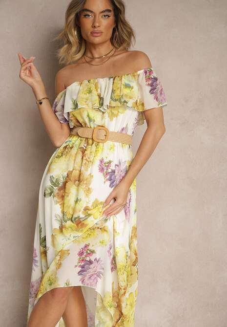 Żółta Sukienka Hiszpanka z Kwiatowym Wzorem i Plecionym Paskiem Sadeene