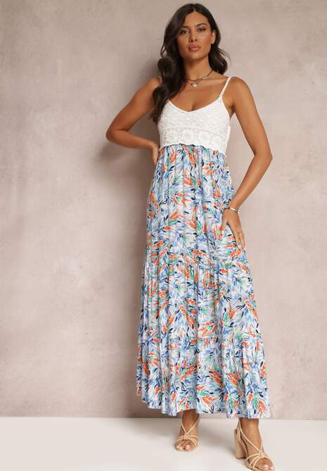 Niebieska Kwiecista Sukienka Maxi z Szydełkową Górą i Cienkimi Ramiączkami z Wiskozy Zanidora