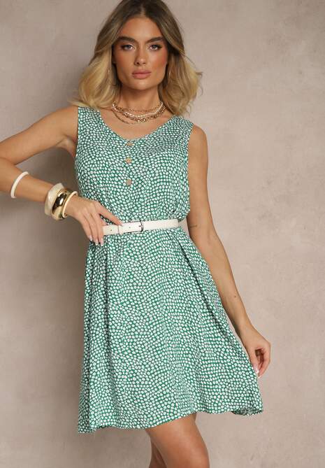 Zielona Sukienka Rozkloszowana z Bawełny z Guzikami i Kwiatami Lisariela