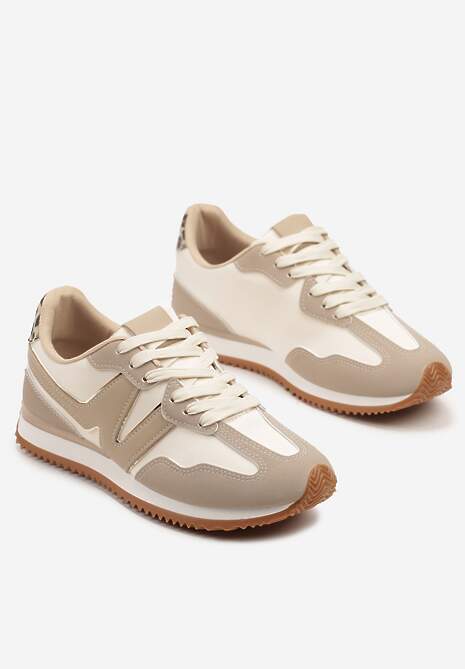 Beżowe Sneakersy z Geometrycznym Wzorem i Metaliczną Wstawką Zolio