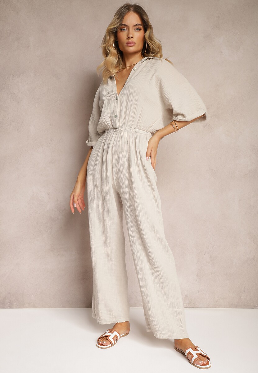 Beżowy Taliowany Kombinezon z Bawełny Góra w Formie Koszuli oraz Luźne Spodnie Namsorin