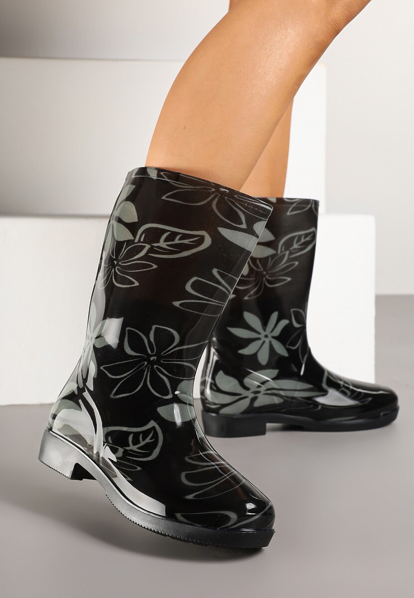 Czarno-Zielone Kalosze z Minimalistycznym Wzorem w Kwiaty Harivan