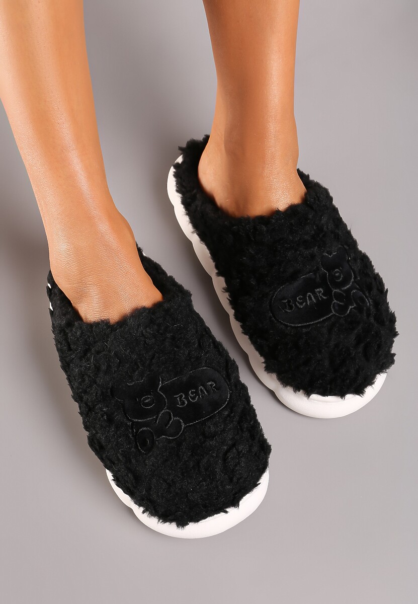 Czarne Futerkowe Kapcie na Grubej Tłoczonej Podeszwie Naritevia
