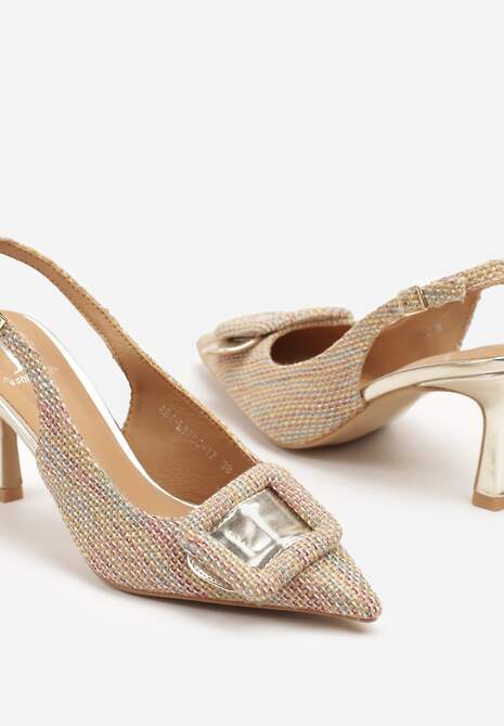 Beżowo-Złote Sandały na Szpilce Slingback Ozdobione Klamrą i Cyrkoniami Adelirs