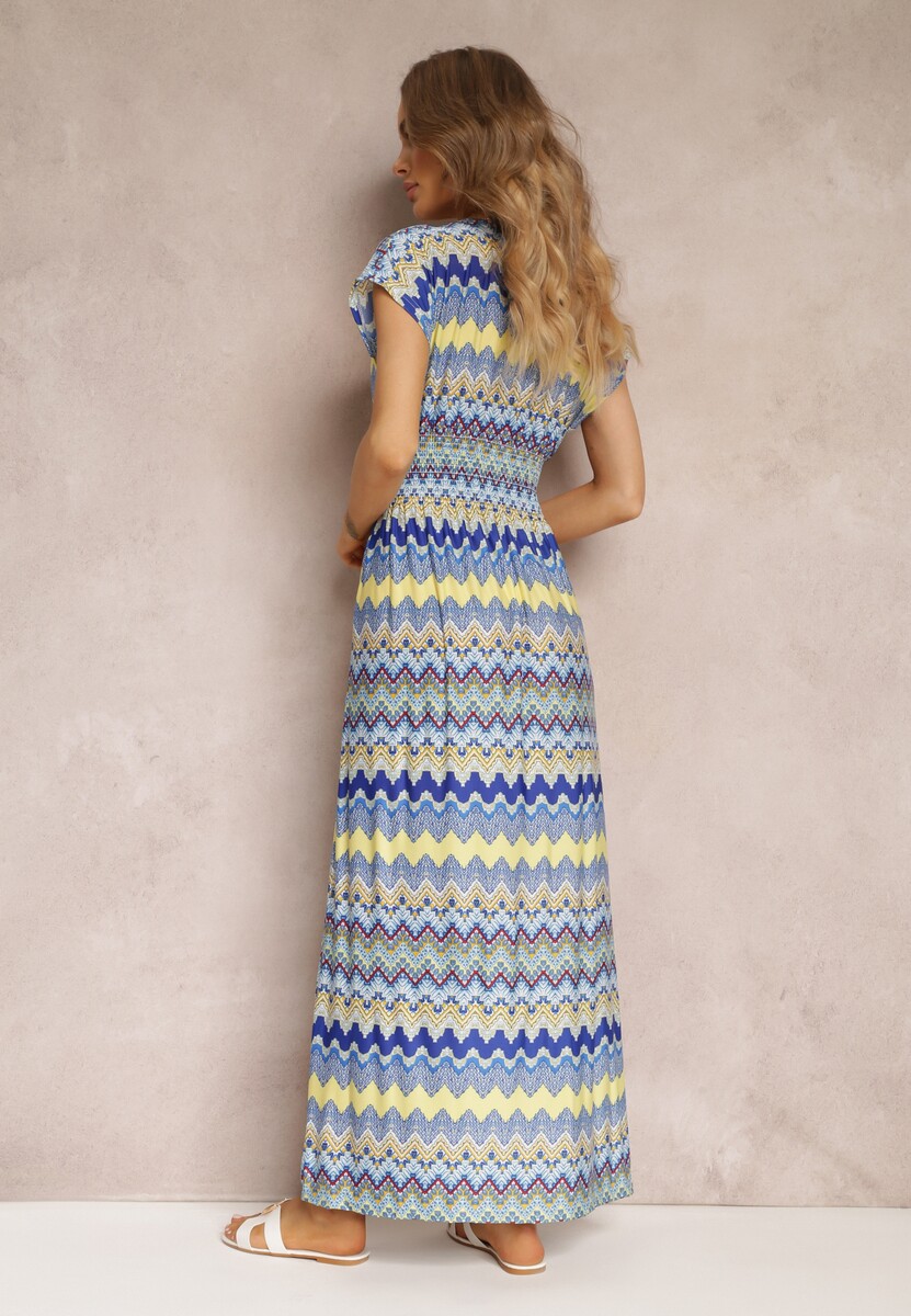 Niebieska Wzorzysta Sukienka Maxi z Gumką w Talii i Rozkloszowanym Dołem Noareya