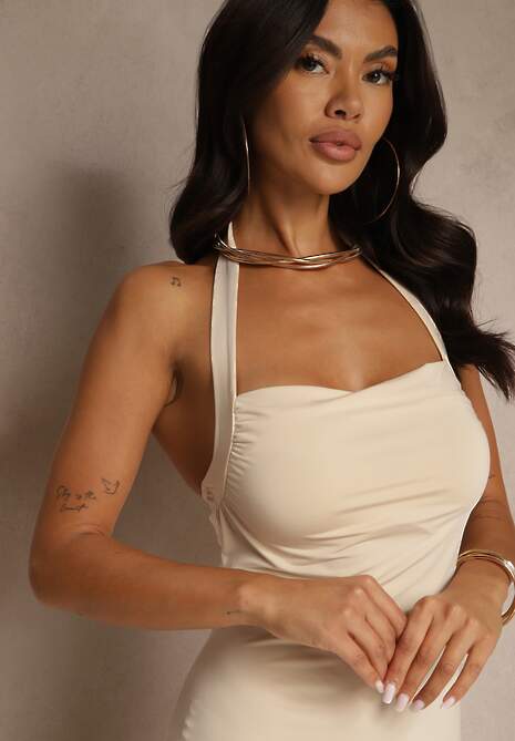 Beżowa Koktajlowa Sukienka Taliowana z Wiskozą Folarose