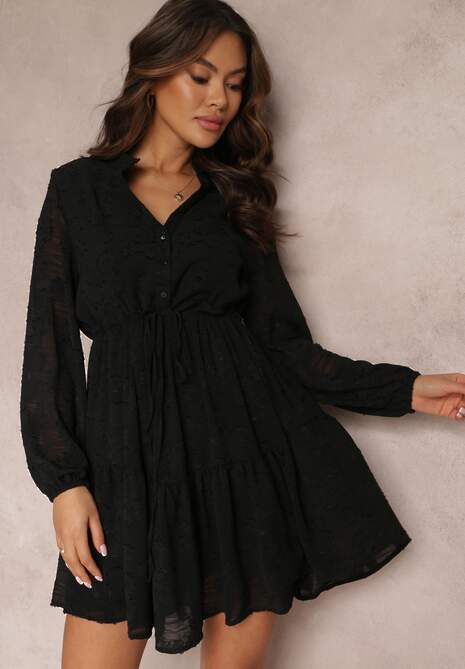 Czarna Sukienka Wiązana Sznurkiem z Falbanką Moorea