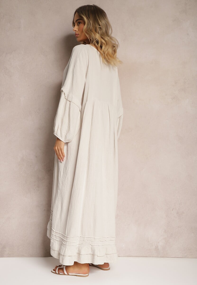 Beżowa Muślinowa Trapezowa Sukienka z Bawełny Wykończona Falbaną i Ozdobnymi Rękawami Tanisea