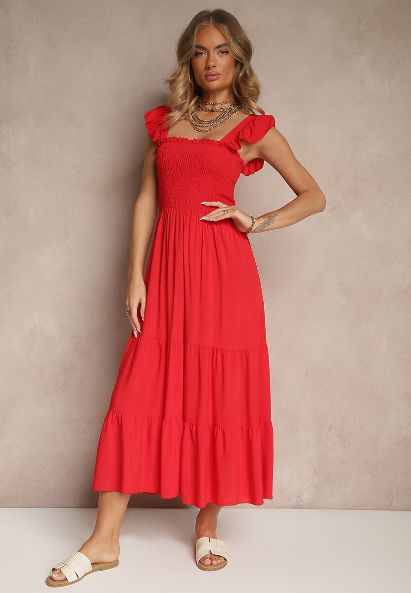 Czarna Sukienka z Bawełny na Ramiączkach Ozdobiona Falbanami i Gumkami Mevalys