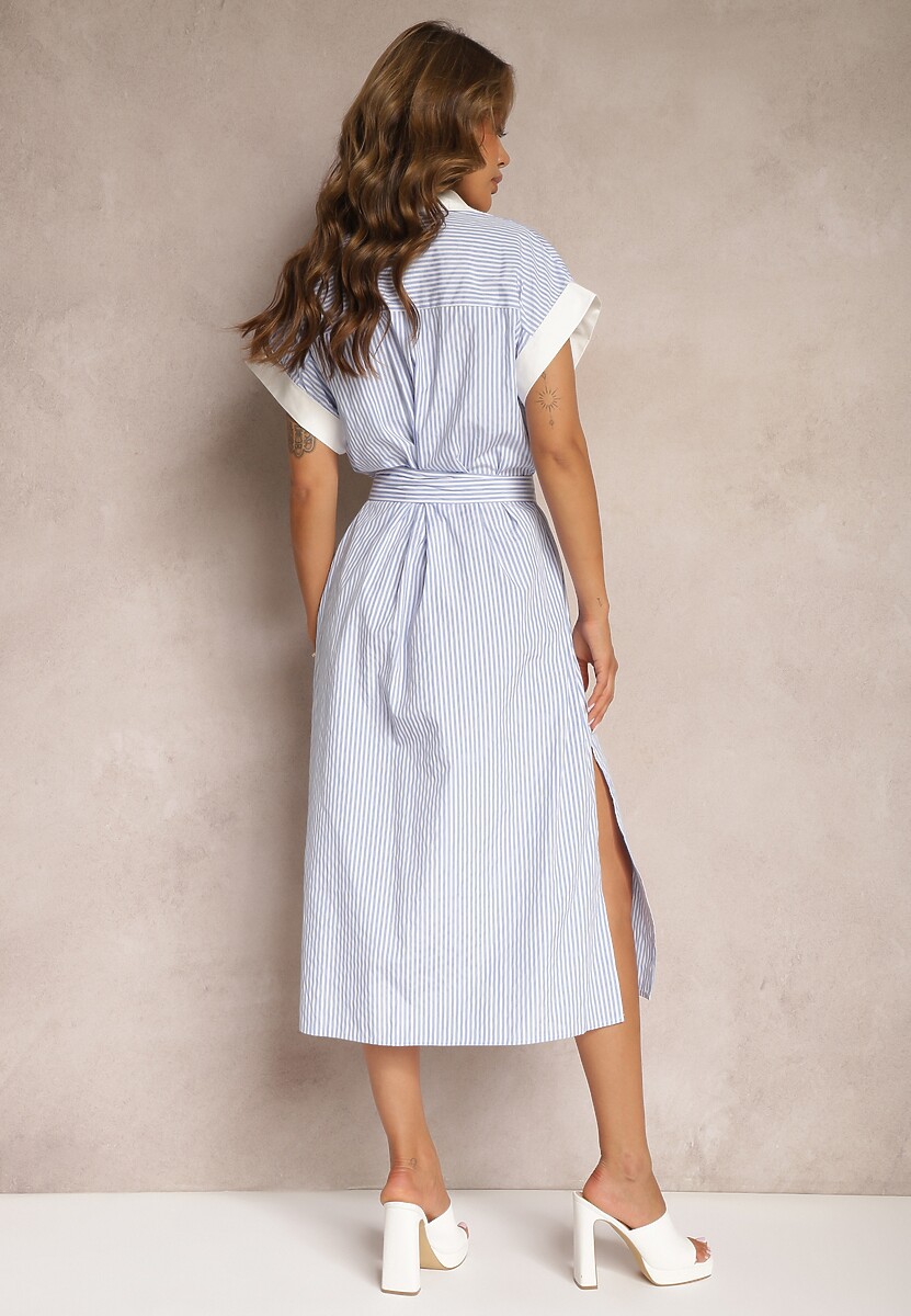 Niebieska Koszulowa Sukienka z Materiałowym Paskiem w Talii z Rozcięciami i Aplikacjami Krissiana