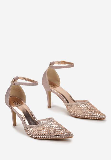 Szampańskie Sandały na Szpilce ze Szpiczastym Noskiem z Siateczką w Cyrkonie Lioffa