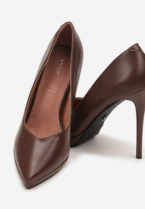 Brązowe Szpilki Vices na Grubej Podeszwie z Wkładką ze Skóry Naturalnej Ahrrie