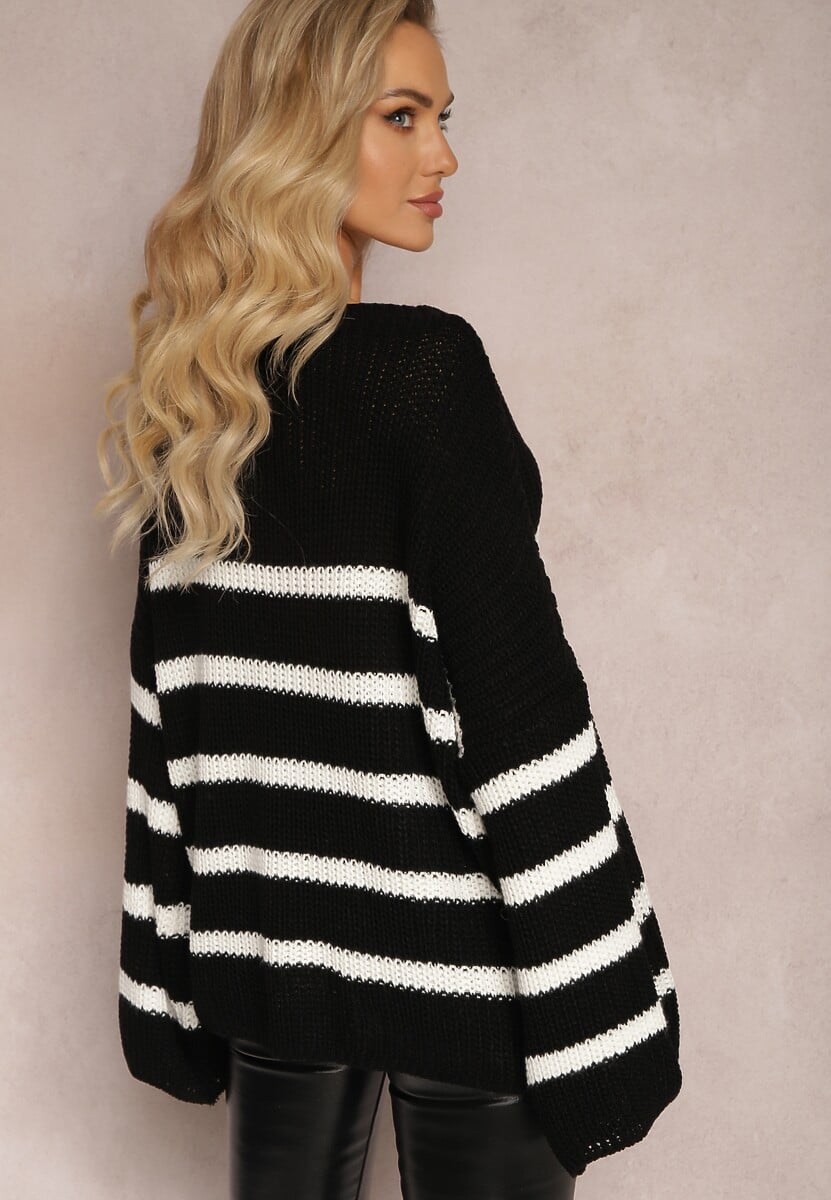 Czarny Sweter z Dzianiny w Paski z Obszernymi Rękawami Gotara