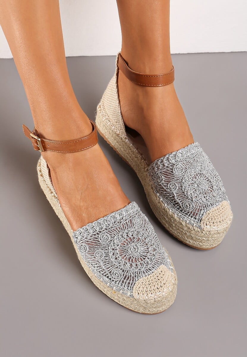 Srebrne Ażurowe Espadryle na Niskiej Platformie Plecionej z Zapięciem wokół Kostki Piervia
