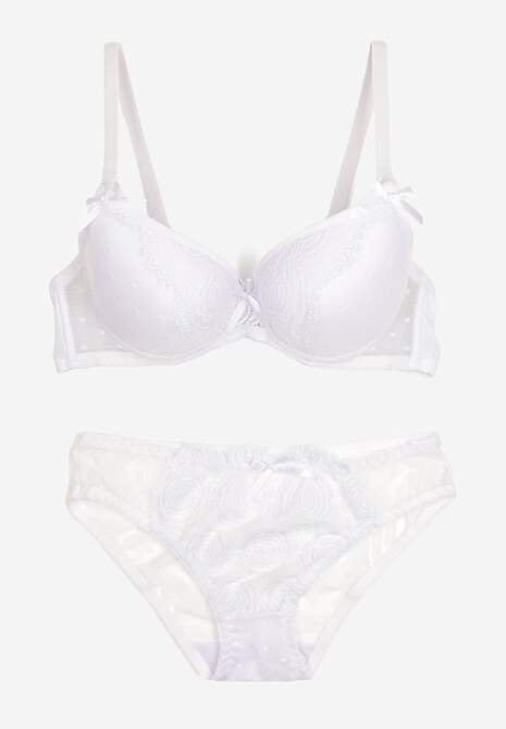 Biały Komplet z Koronki Majtki Typu Figi i Biustonosz z Kokardami i Usztywnieniem Arrbelia