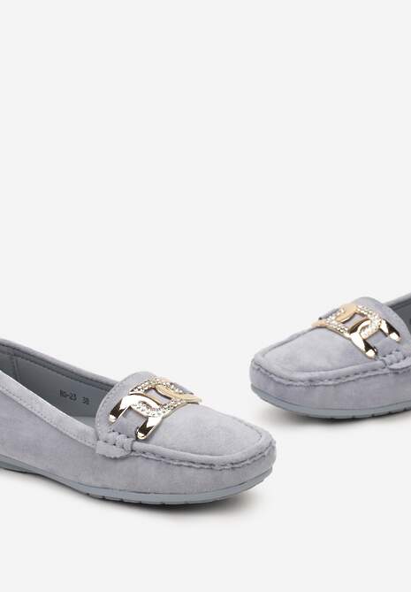 Niebieskie Płaskie Mokasyny z Ekozamszu Ozdobione Klamrą z Cyrkoniami Tailer