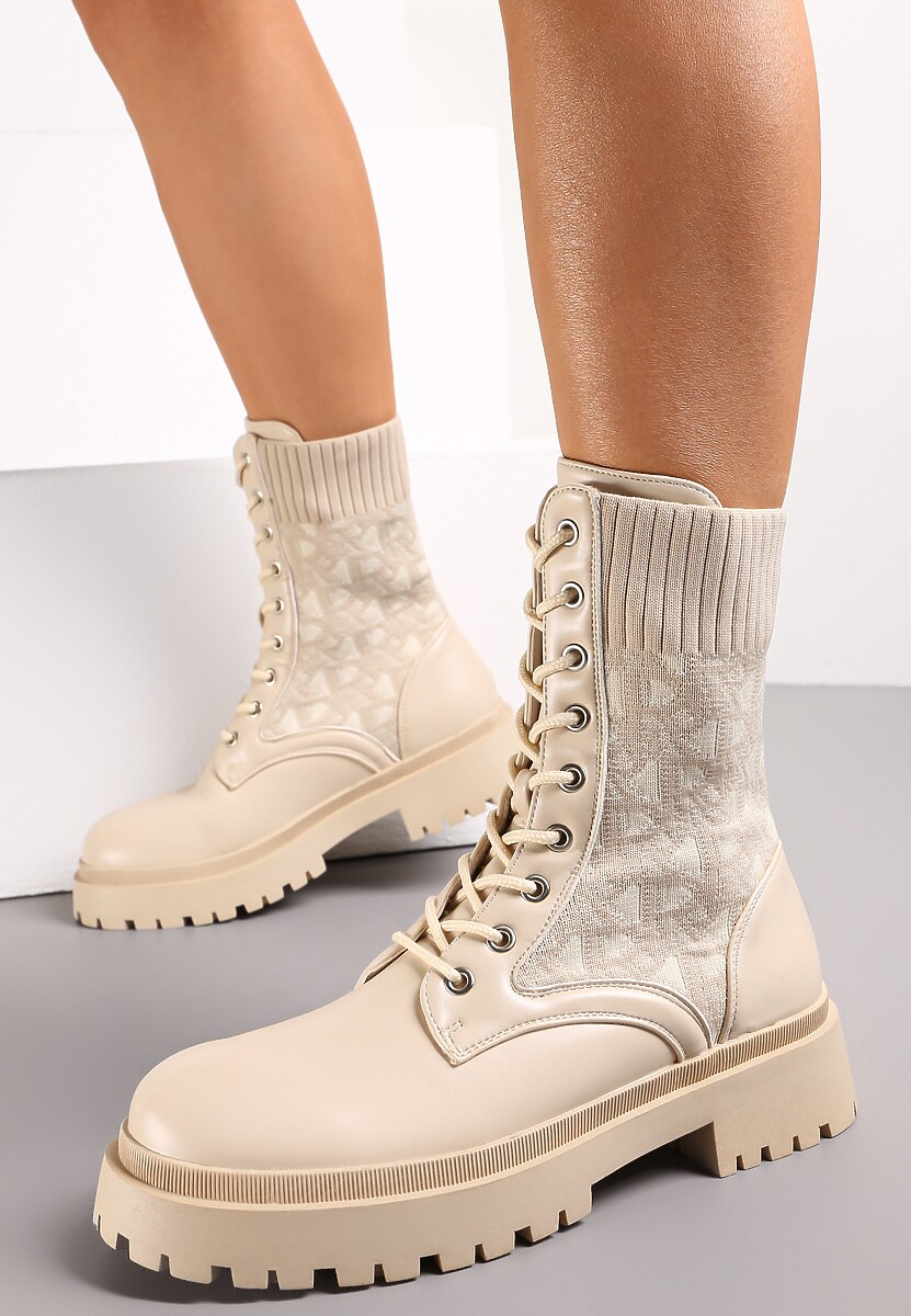 Beżowe Botki Workery z Elastyczną Cholewką Sznurowane Eideia