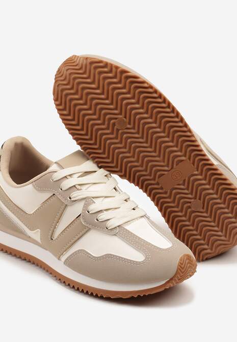 Beżowe Sneakersy z Geometrycznym Wzorem i Metaliczną Wstawką Zolio