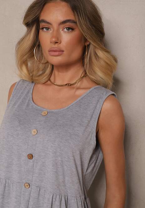 Szara Rozkloszowana Sukienka na Szerokich Ramiączkach Zdobiona Guzikami Saniraya
