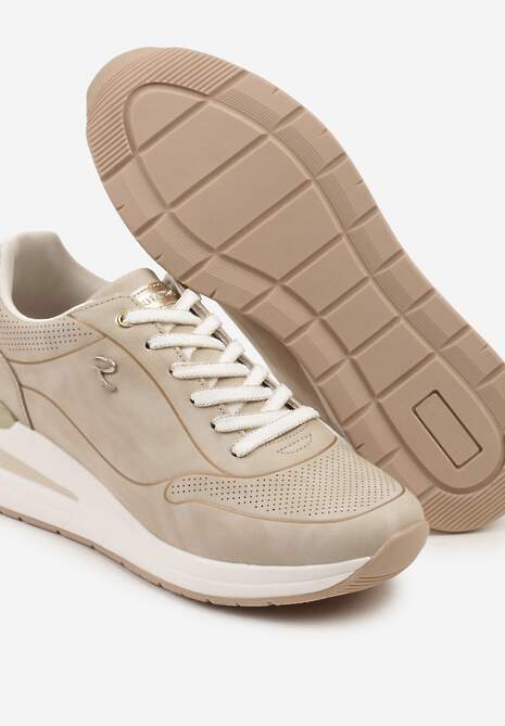 Beżowe Sneakersy na Koturnie Zdobione Tłoczeniami i Aplikacją Marovea