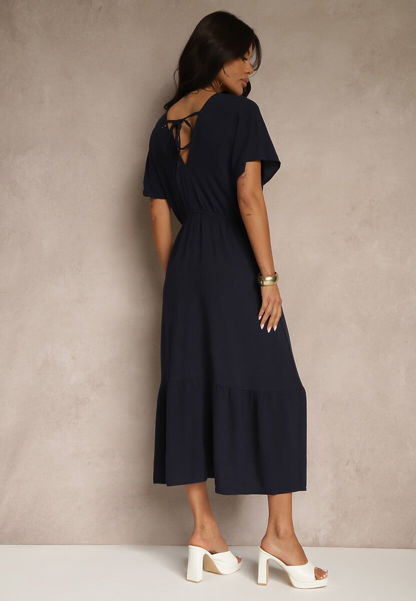 Granatowa Sukienka z Wiskozą i Lnem z Wiązaniem z Tyłu Kolissea