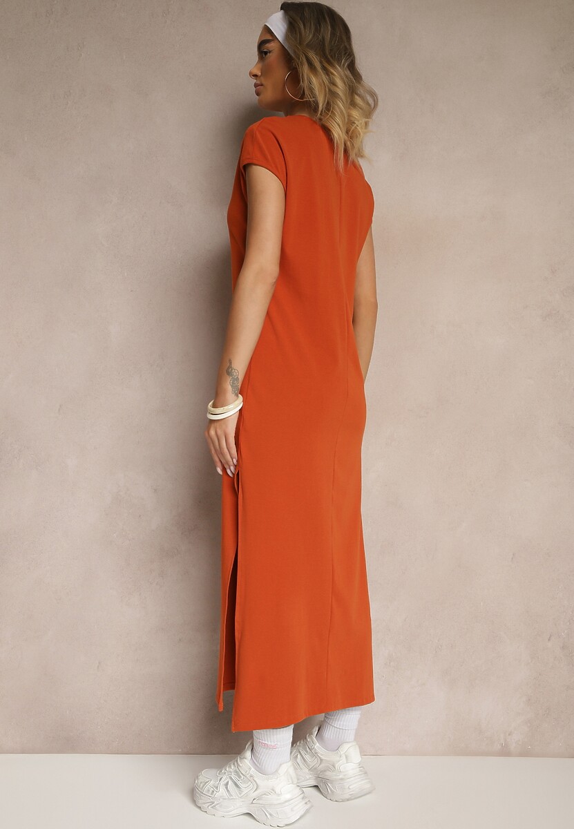 Pomarańczowa Sukienka z Bawełny o Pudełkowym Kroju i Dekolcie w V i Rozcięciami Natindra