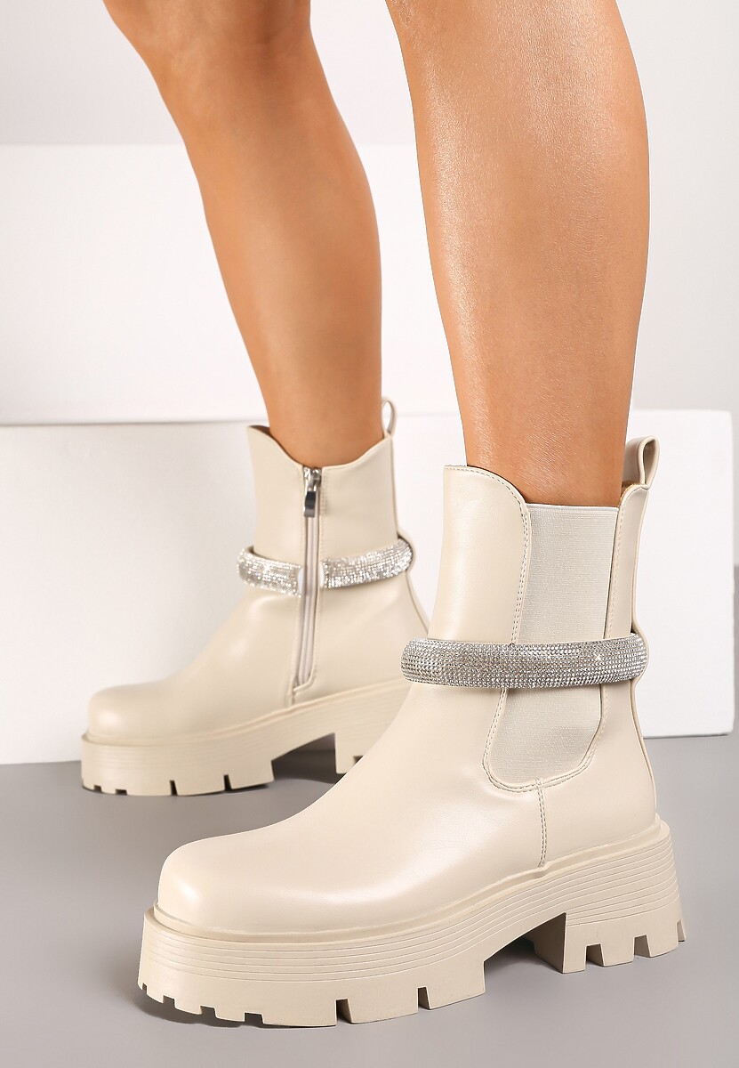 Beżowe Botki Sztyblety na Platformie Ozdobione Paskiem z Cyrkonii Zinlera