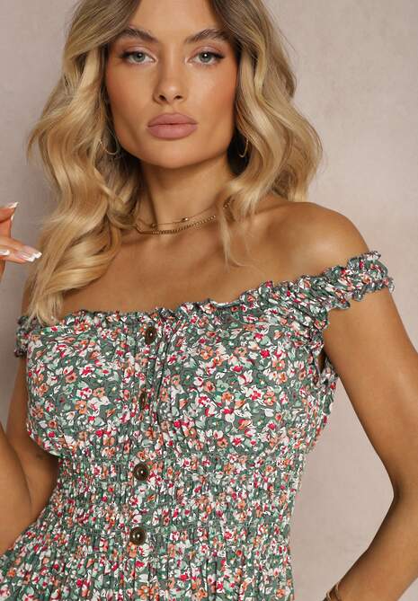 Zielono-Różowa Taliowana Sukienka Bawełniana o Rozkloszowanym Kroju z Gumką w Pasie Nelyssa