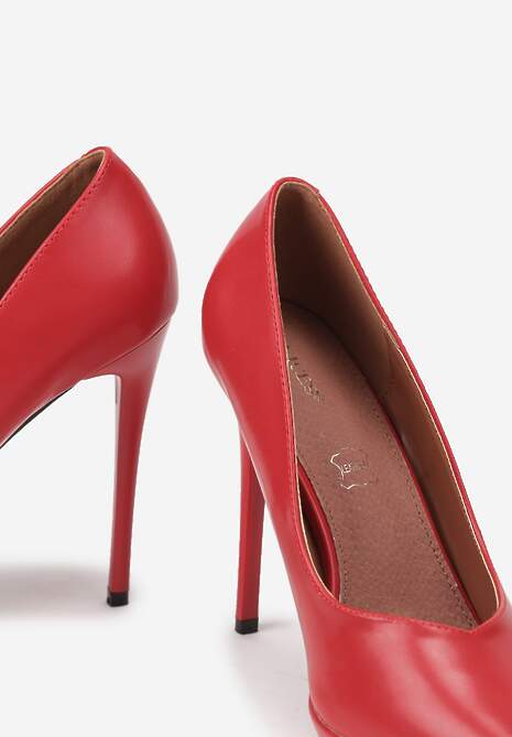 Czerwone Szpilki Vices na Grubej Podeszwie z Wkładką ze Skóry Naturalnej Ahrrie