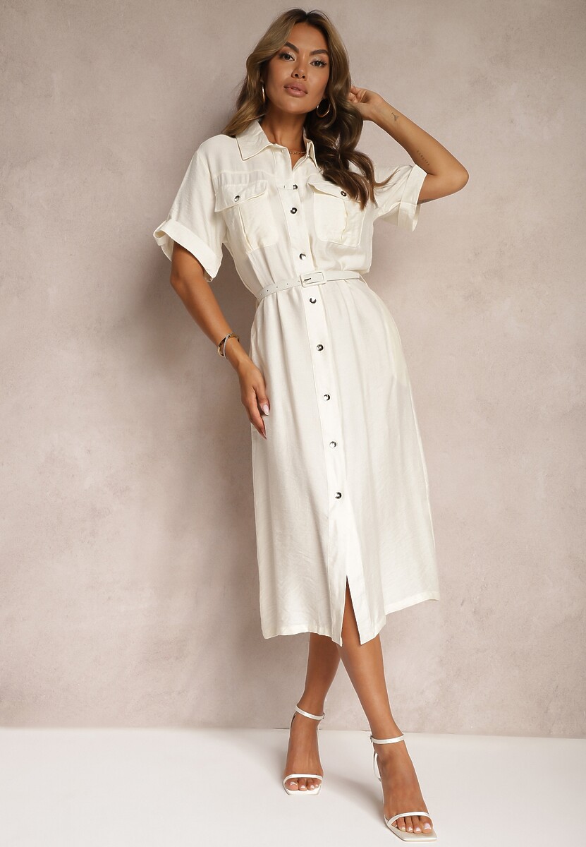 Biała Sukienka z Wiskozy o Kroju Koszulowym Ozdobiona Paskiem Nelsines