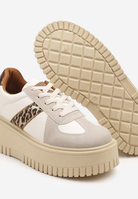 Beżowo-Panterkowe Sneakersy na Platformie Ozdobione Paskiem Vivesse