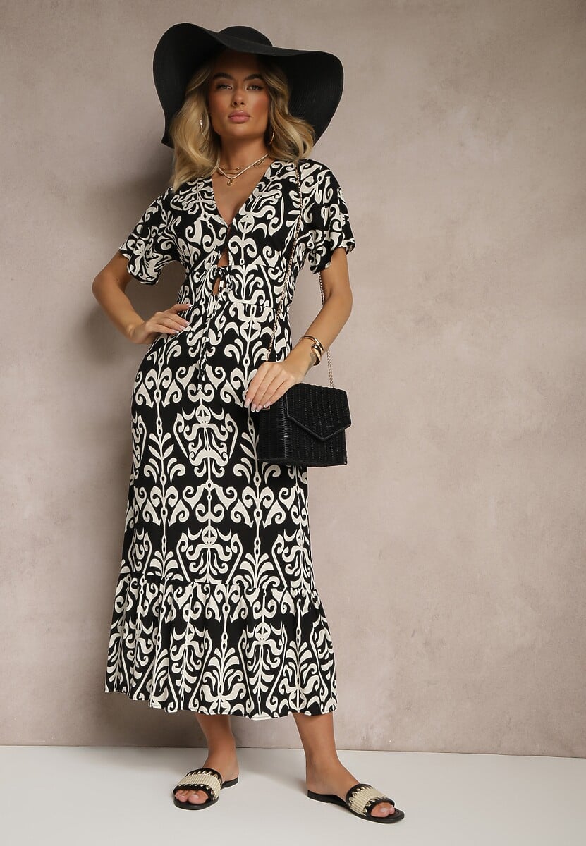 Czarna Wiskozowa Sukienka z Abstrakcyjnym Wzorem Tuledia
