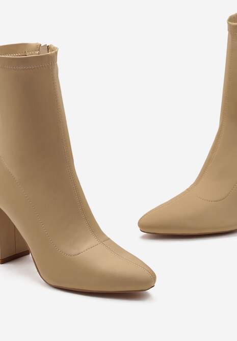 Ciemnobeżowe Casualowe Botki z Elastyczną Cholewką za Kostkę na Słupku Seliona