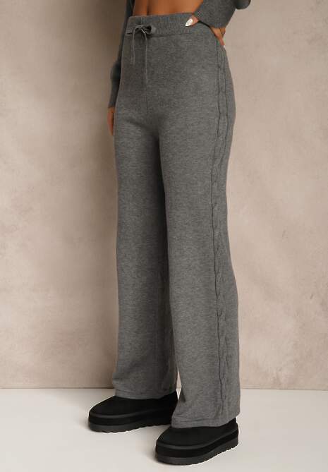 Ciemnoszary Dzianinowy Komplet z Wełną w Warkoczowy Splot Spodnie i Sweter Reinette